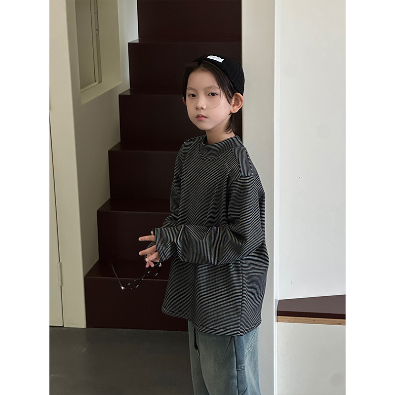 【现货】新款儿童卫衣2025韩版潮男童条纹卫衣中大童加绒打底上衣