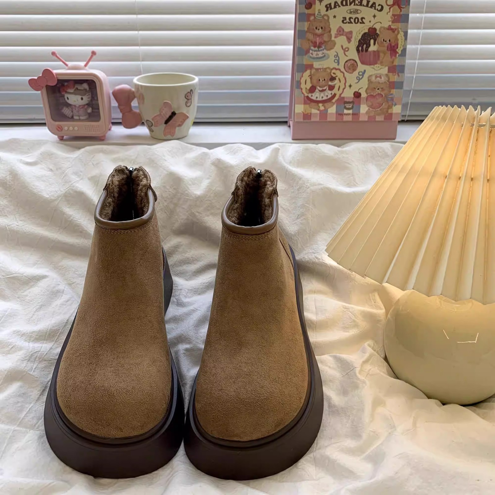 软皮勃肯马丁靴女冬季加绒保暖厚底勃肯鞋一脚蹬毛毛鞋D211