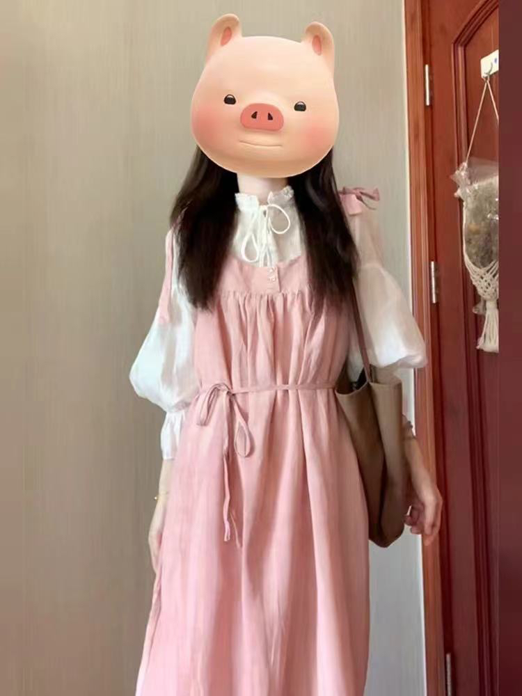 大码胖mm温柔风甜美宽松遮肉背带连衣裙+系带蝴蝶结衬衫套装