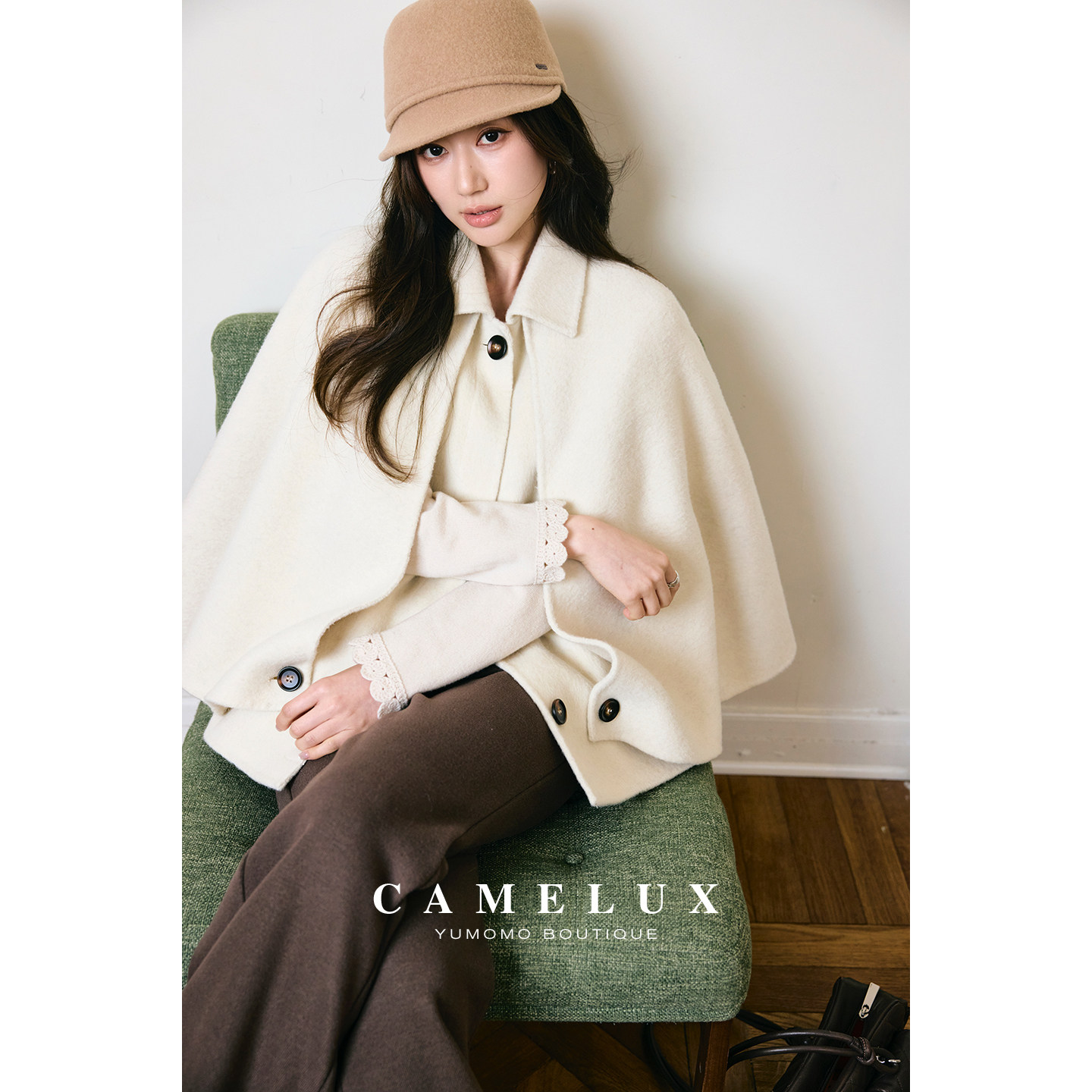 【Camelux线】比弗利贵妇 双面呢 法式层次感斗篷大衣外套 QWA4087