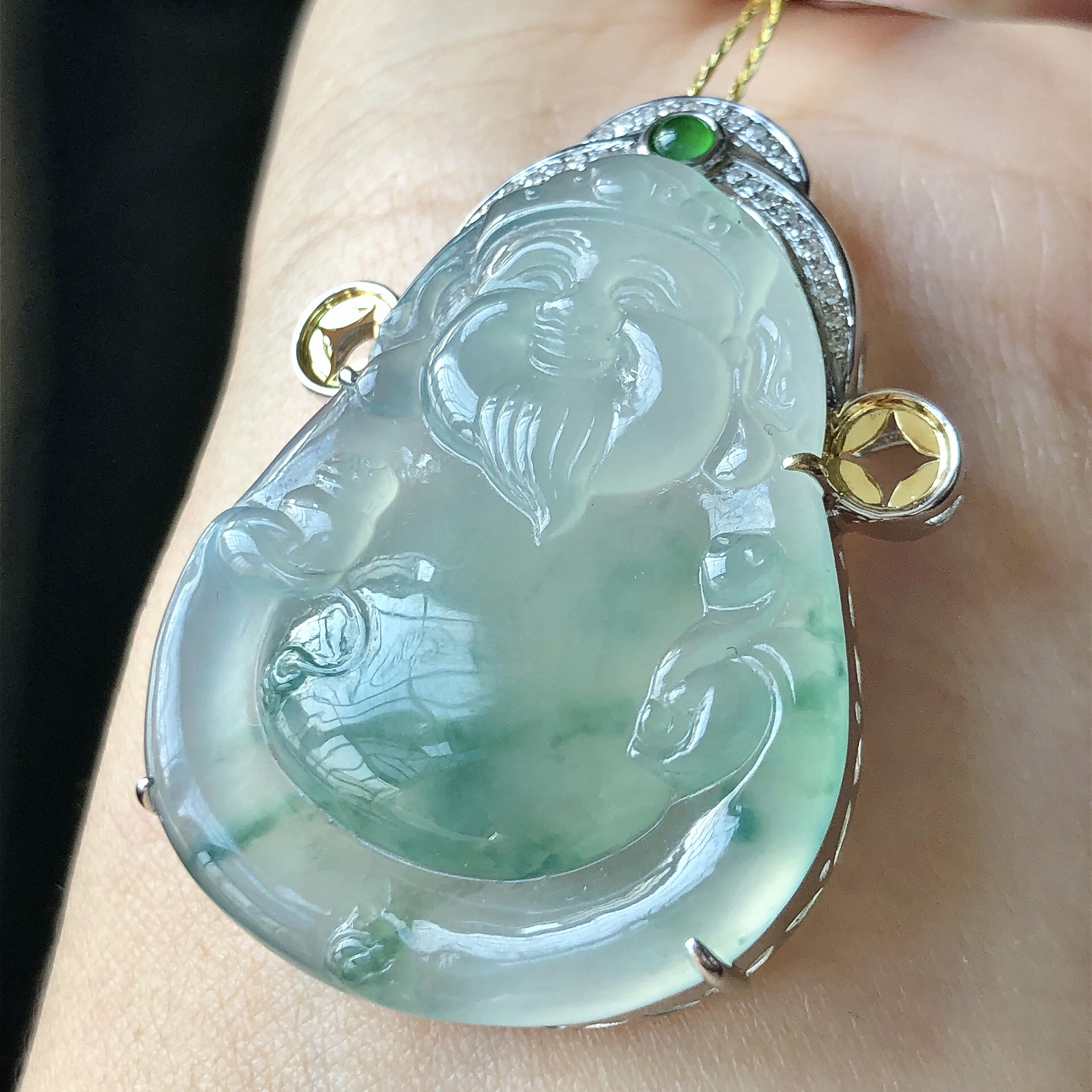 缅甸天然A货翡翠18k金镶嵌老坑冰种飘花财神吊坠尺寸40/29.6/8.6