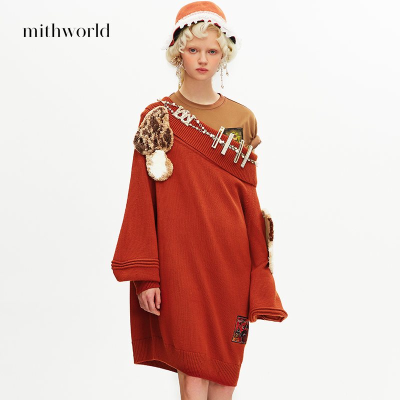 mithworld/沵媞新款威尔士红甜酷一字领针织衫W7DFK0320R8A