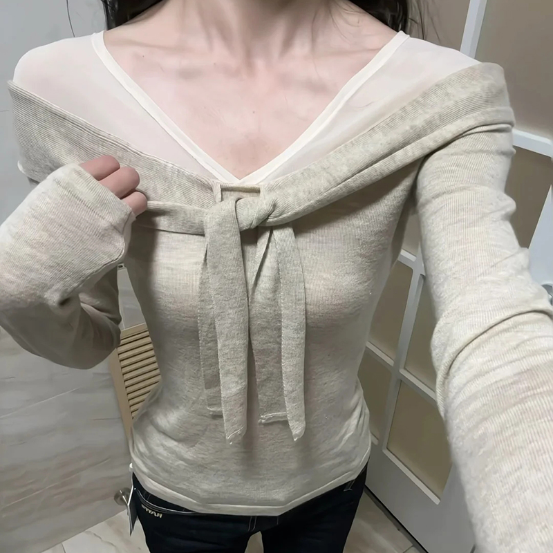 YIDENG辣妹网纱拼接披肩假两件针织衫女春季小众修身上衣ins