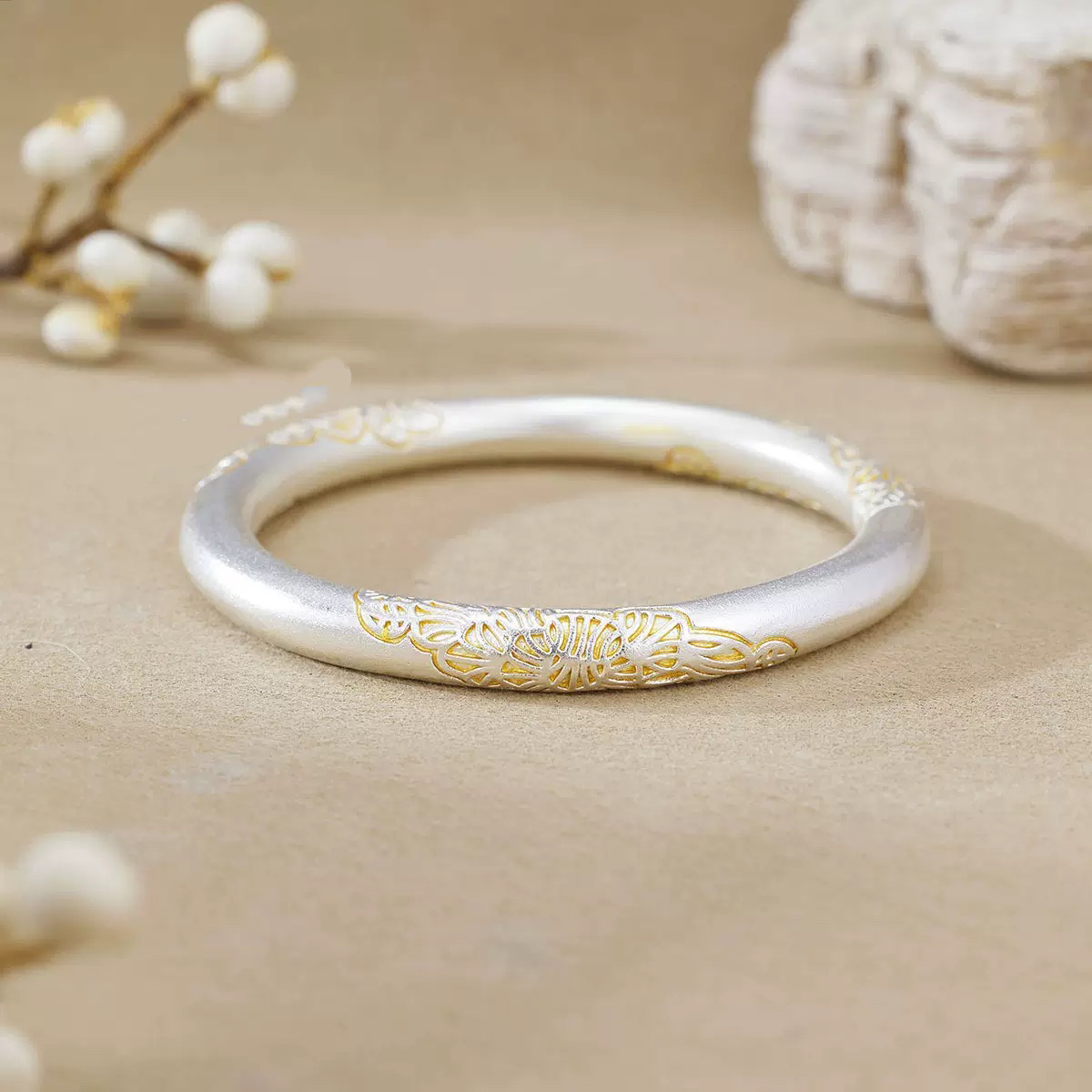 足银银制品 D05古法描金繁花似锦手镯闭口款