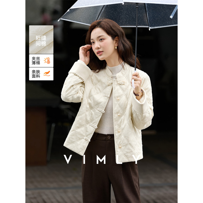 F梵希蔓杏色新中式国风重工立领棉衣女冬蕾丝绣花菱格外套A3139