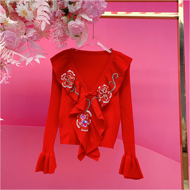 A5036欧美设计师2025冬季新款重工钉珠刺绣荷叶领修身仙女毛衣女
