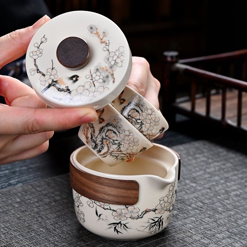 新式墨画梅花鸟旅行茶具陶瓷家用茶杯-0083