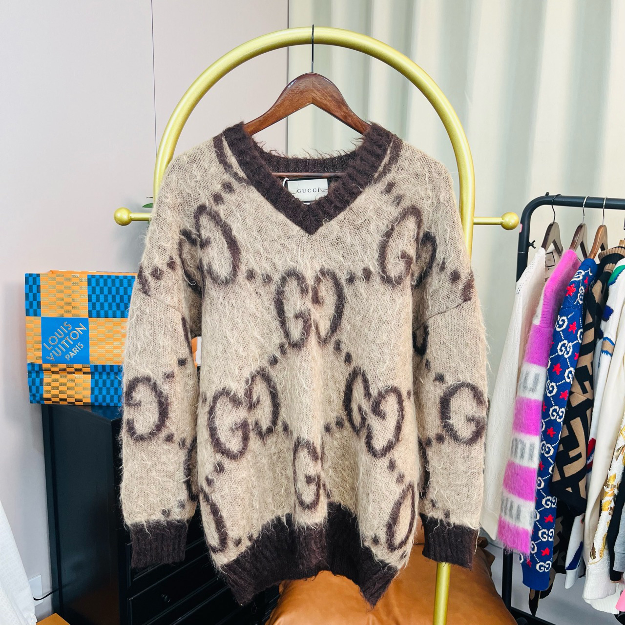 99新 GUCCI/古驰 玄色 马海毛棕色满印毛衣 xs码/99新 无配件/1