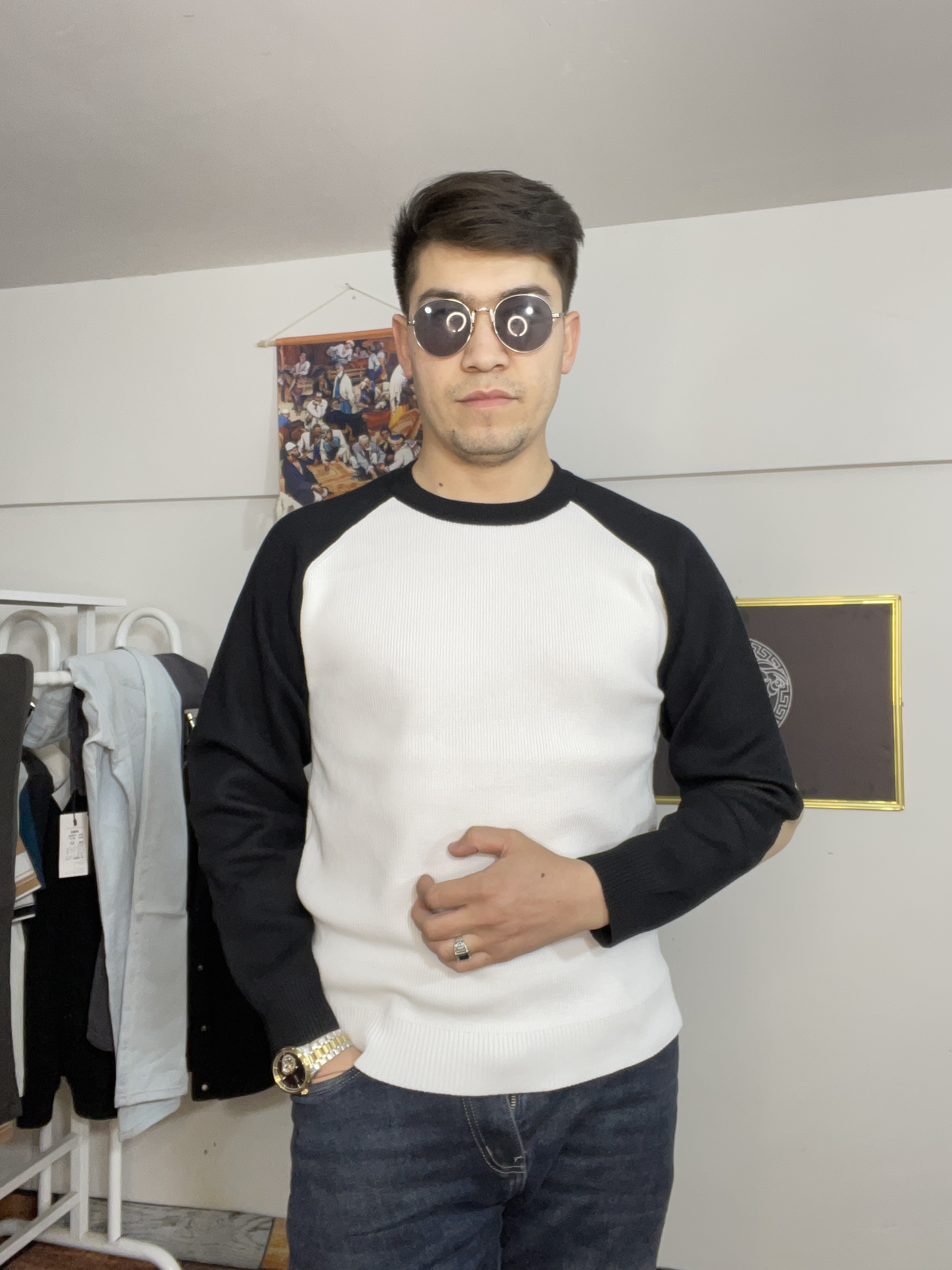 男士高端针织长袖羊绒圆领拼色秋冬时尚毛衣