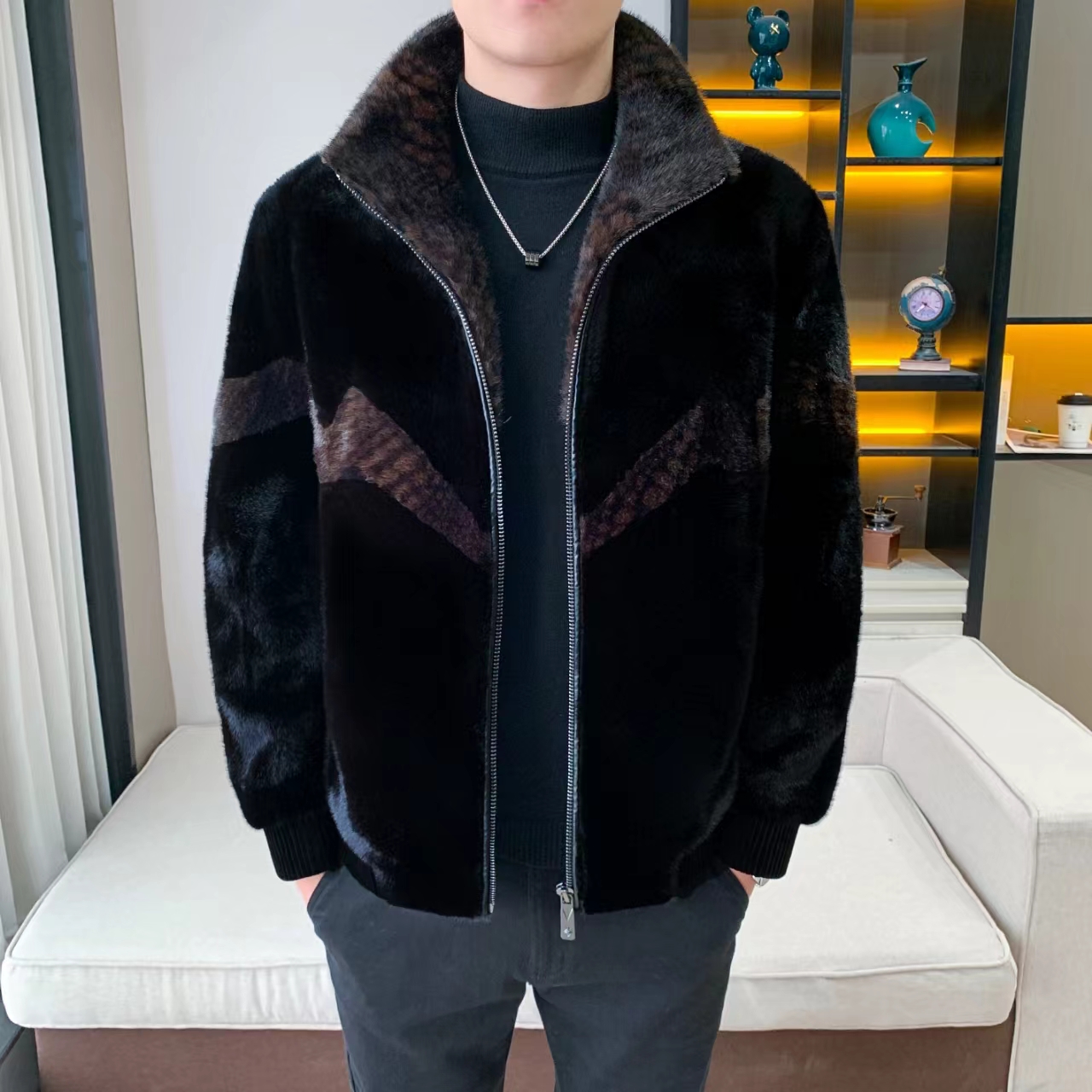 冬季高端加厚时尚拼色保暖男士貂绒外套中老年男休闲夹克大衣上衣