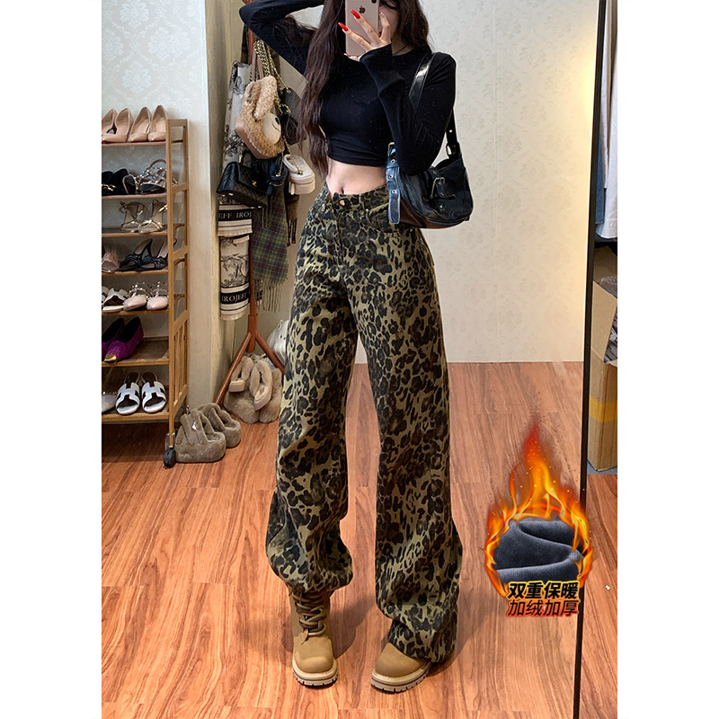 加绒美式豹纹高腰阔腿牛仔裤女2025年冬季新款时髦显瘦直筒长裤