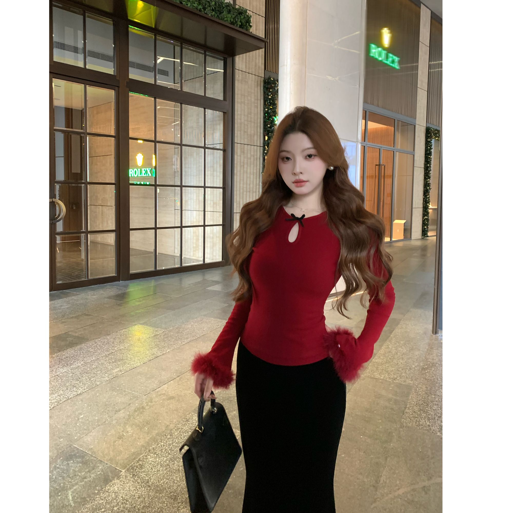 SZA【鎏金旧梦】冬季新款小蝴蝶结镂空毛毛袖打底内搭针织衫A-2514