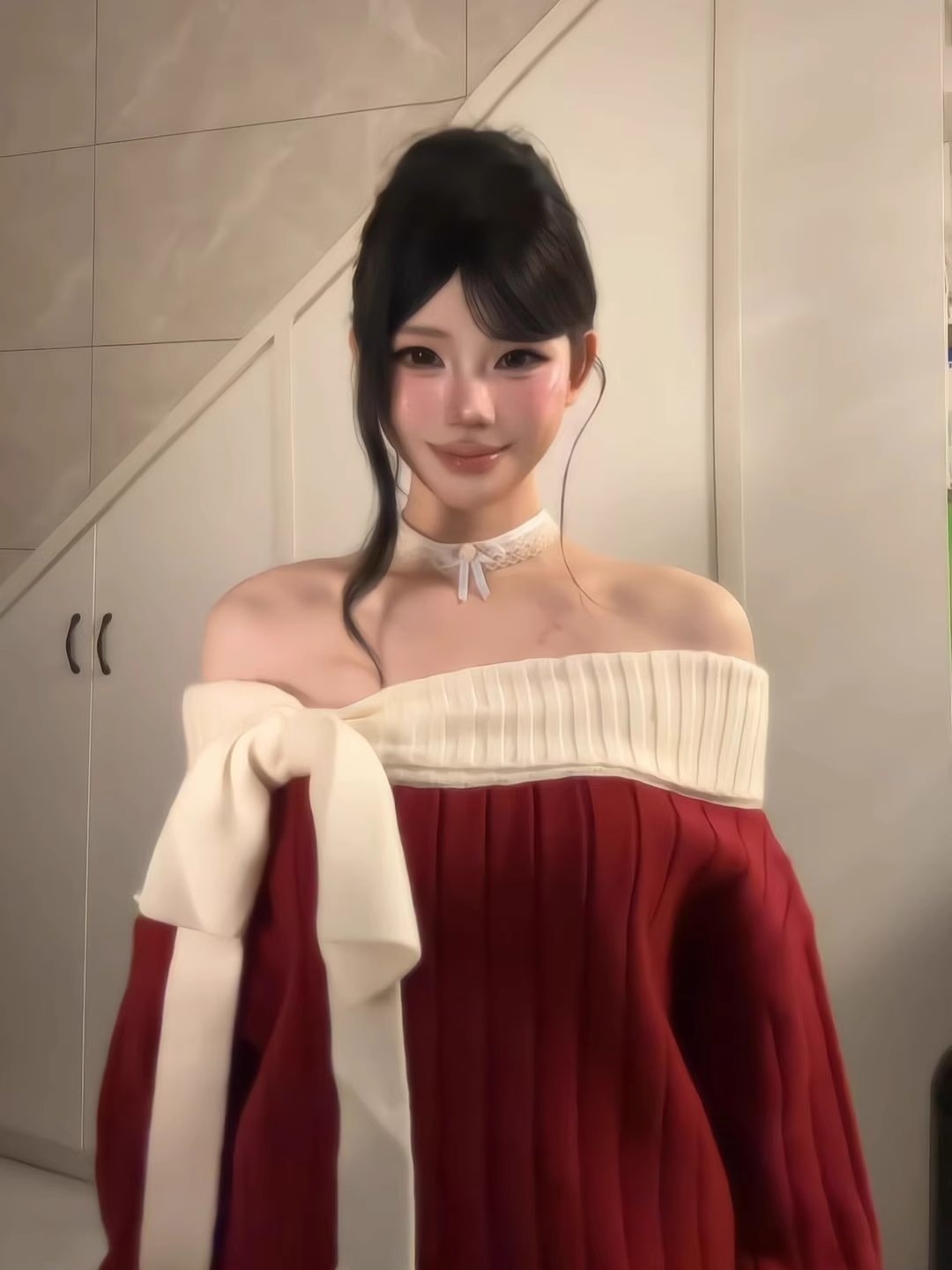 圣诞红色毛衣连衣裙女秋冬季蝴蝶结绝美针织衫宽松一字肩长袖上衣