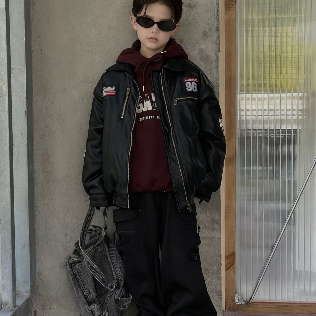 冬季新款男童大童夹棉机车感帅气皮衣外套