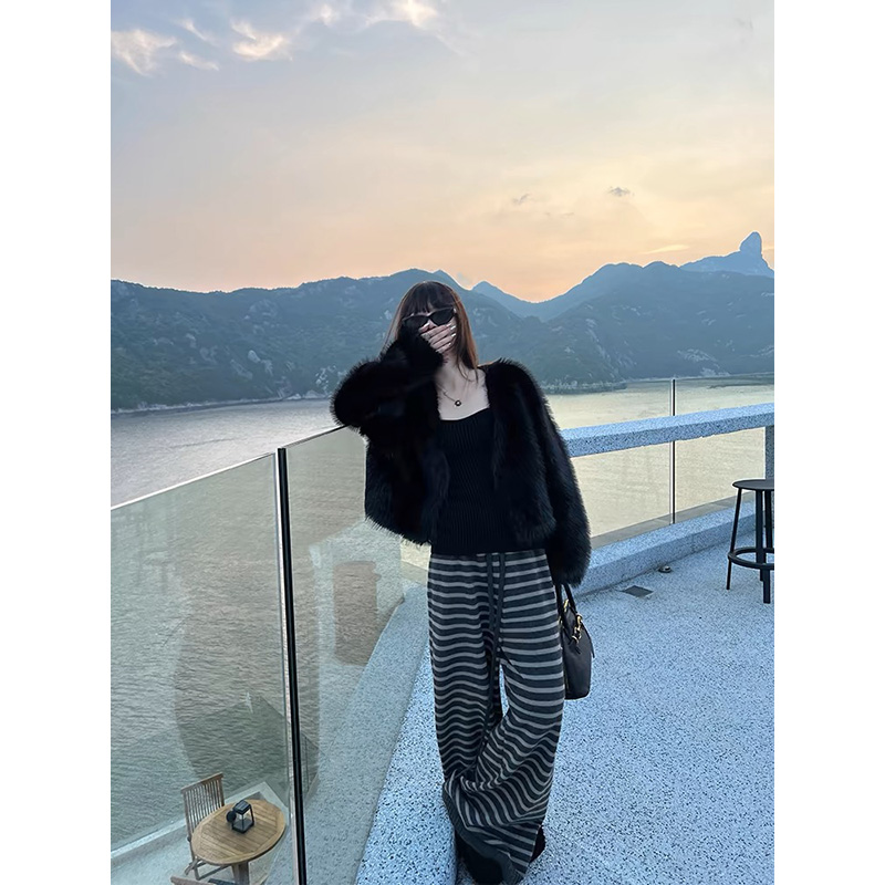 时尚条纹抽绳休闲阔腿裤女高腰垂感宽松显瘦针织直筒长裤z391