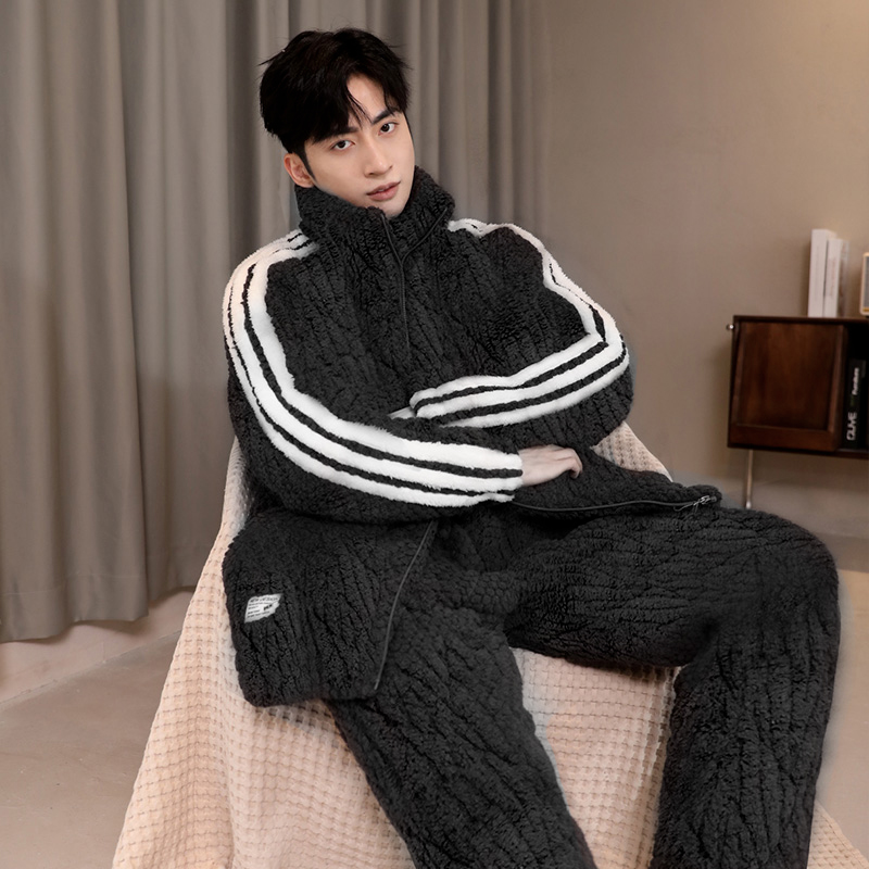 睡衣秋冬款加厚加绒珊瑚绒拉链立领三层夹棉保暖毛绒家居服套装