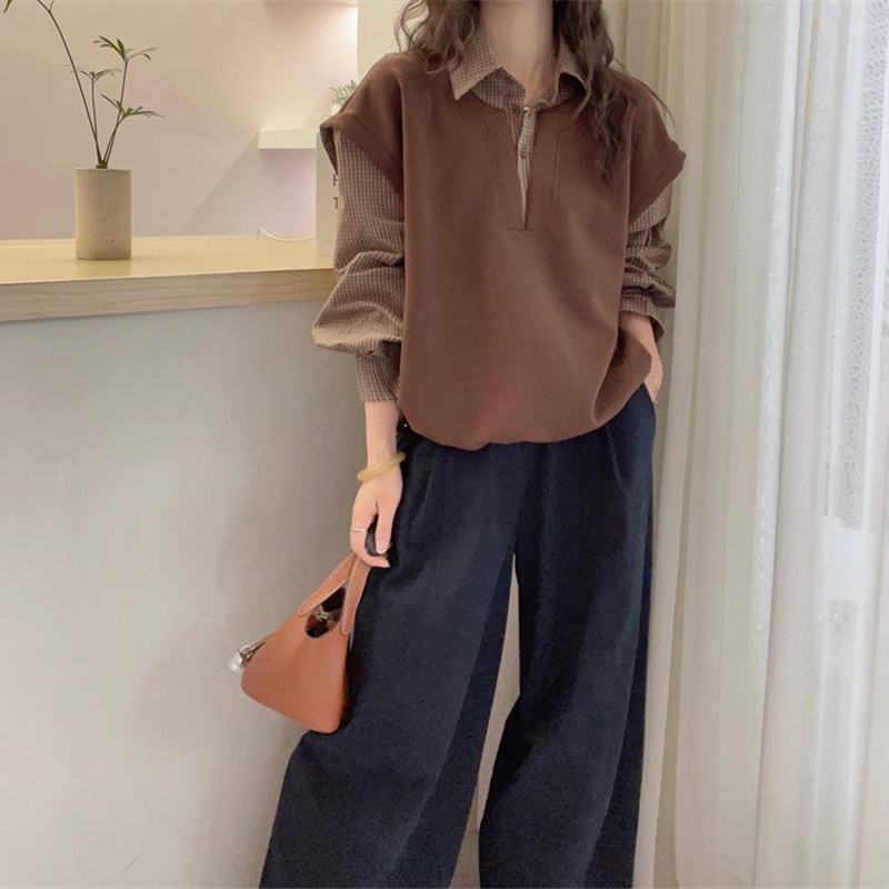 秋季大码女装胖MM独特漂亮假两件拼接格子长袖衬衫女宽松慵懒上衣