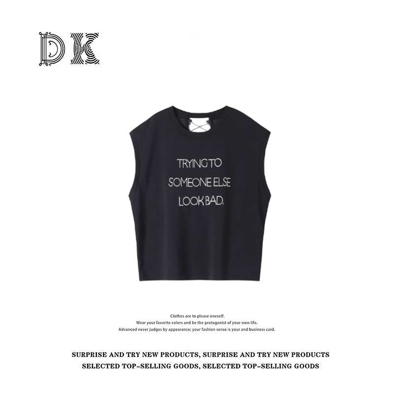 DK 2025款 女装简约字母圆领背后镂空无袖T恤背心  1244