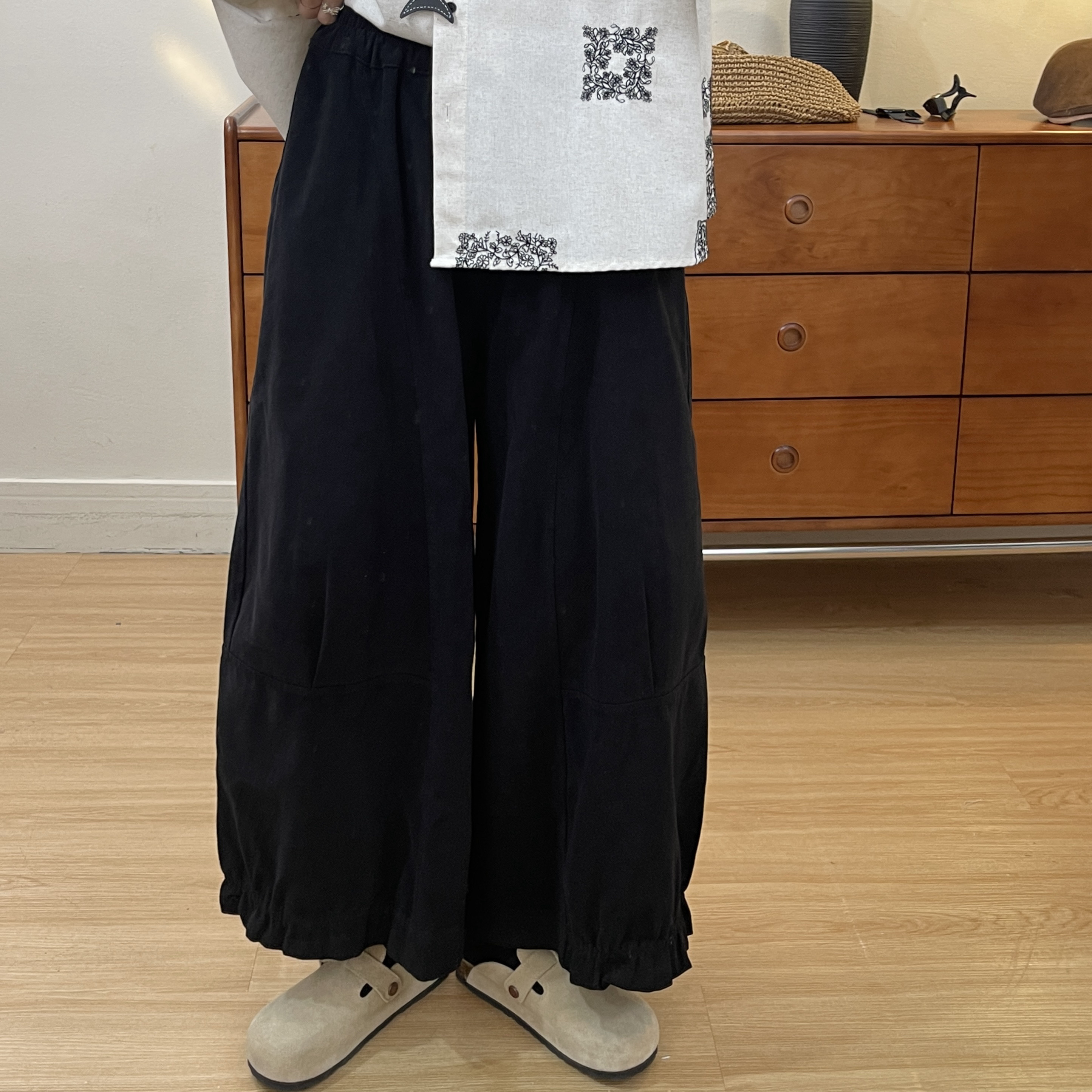 see U自制秋冬款日系大版松紧腰 宽松大版百搭休闲花苞阔腿九分裤