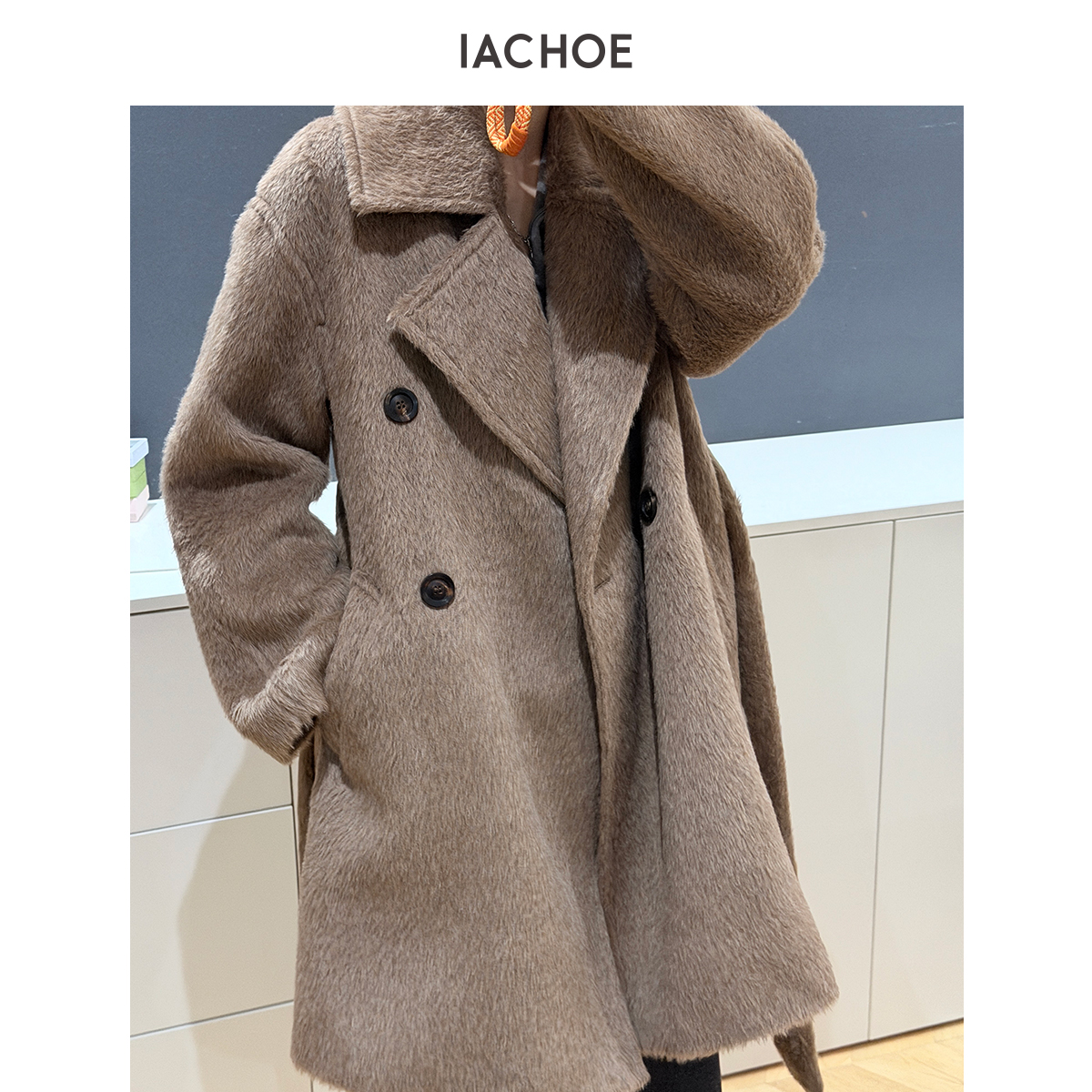 IACHOE羊驼羊毛混纺中长款毛呢大衣3671566009