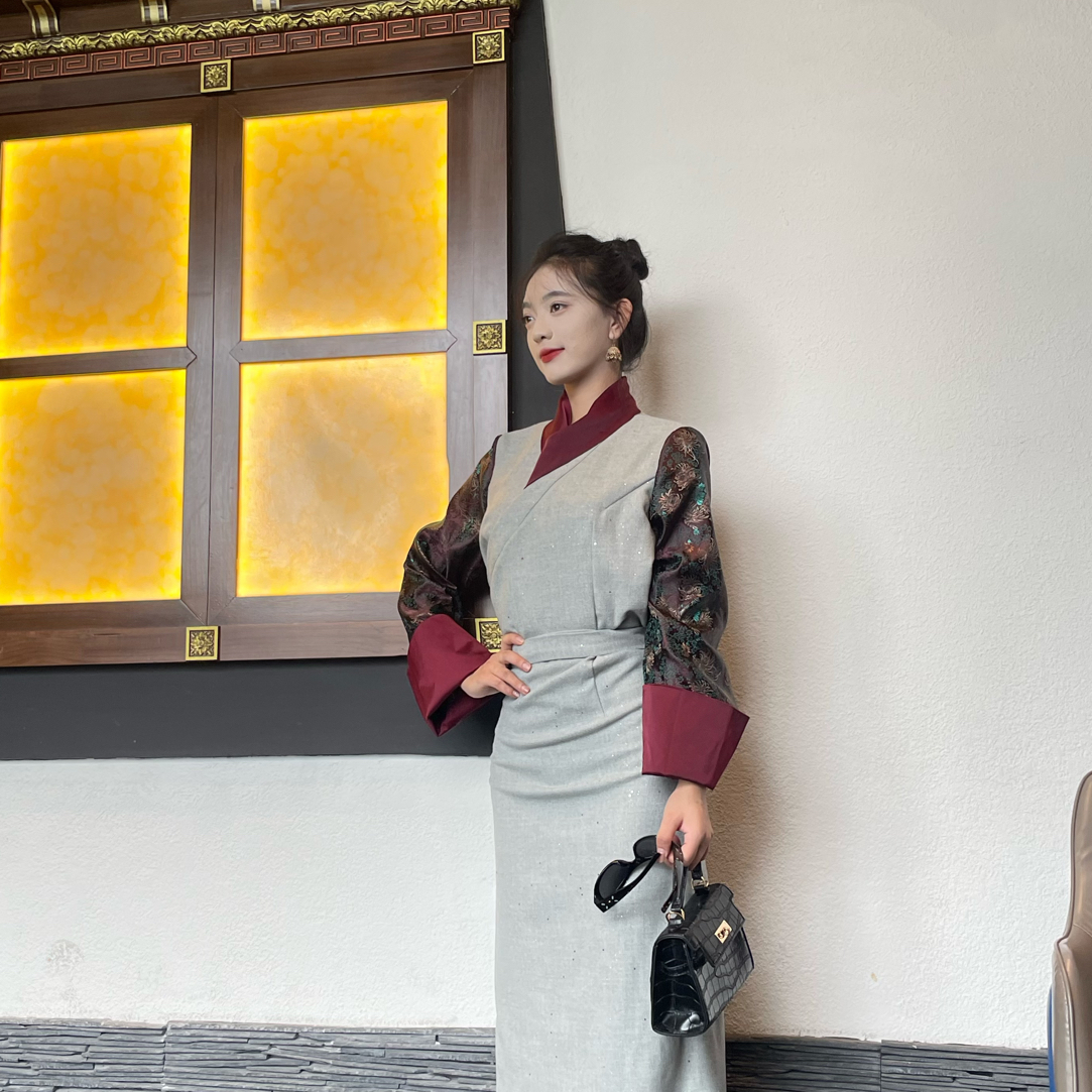 女士拼色博拉裙民族风显瘦秋冬新款西藏服
