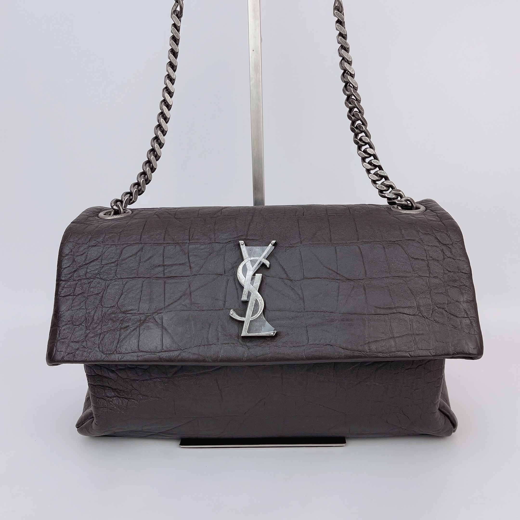 95新 YSL/圣罗兰 ysl 灰色NIKI褶皱鳄鱼皮链条皮革包 底长29 O064