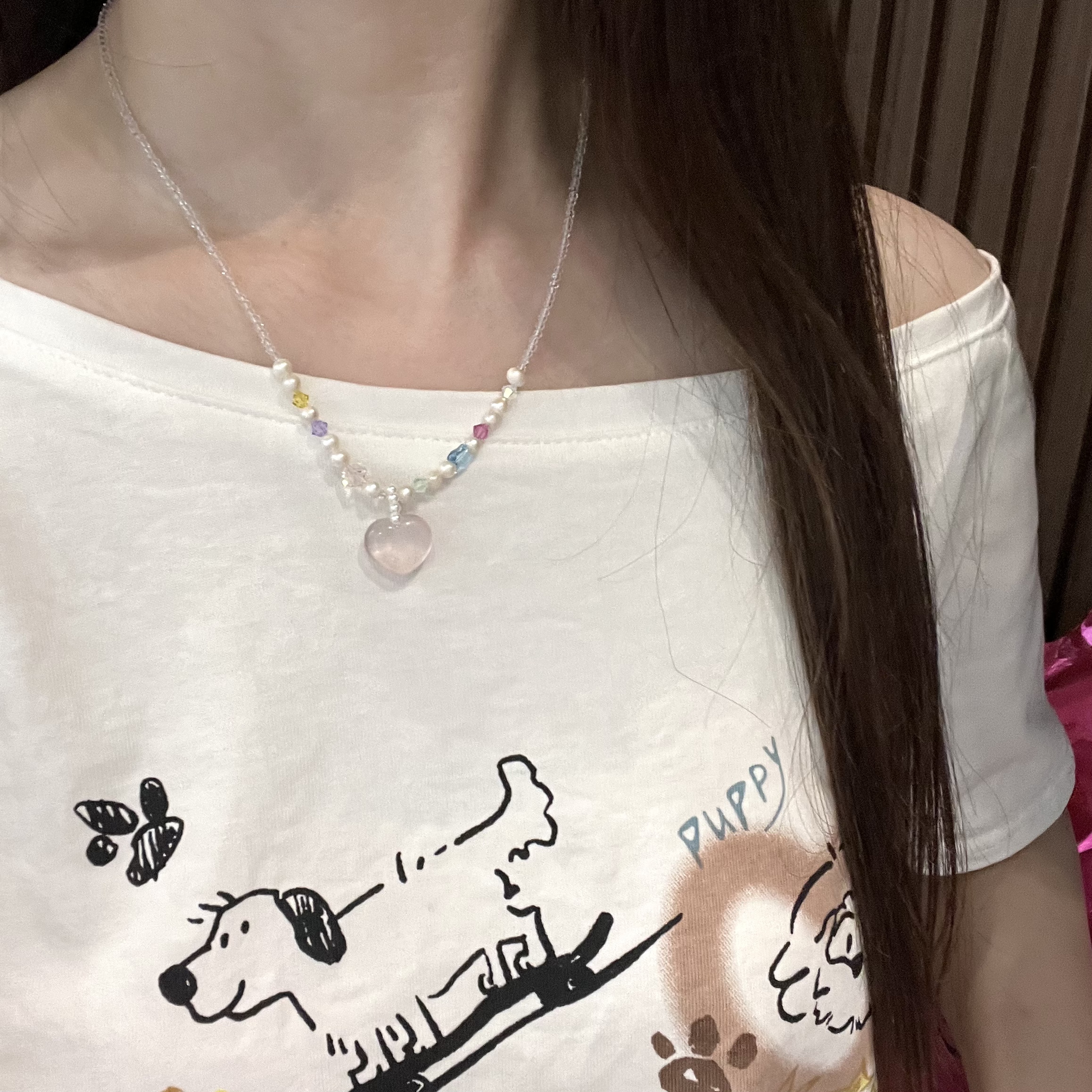 S860 「蜜桃甜心」4mm天然淡水珍珠➕粉晶桃心吊坠设计项链 颜色微差