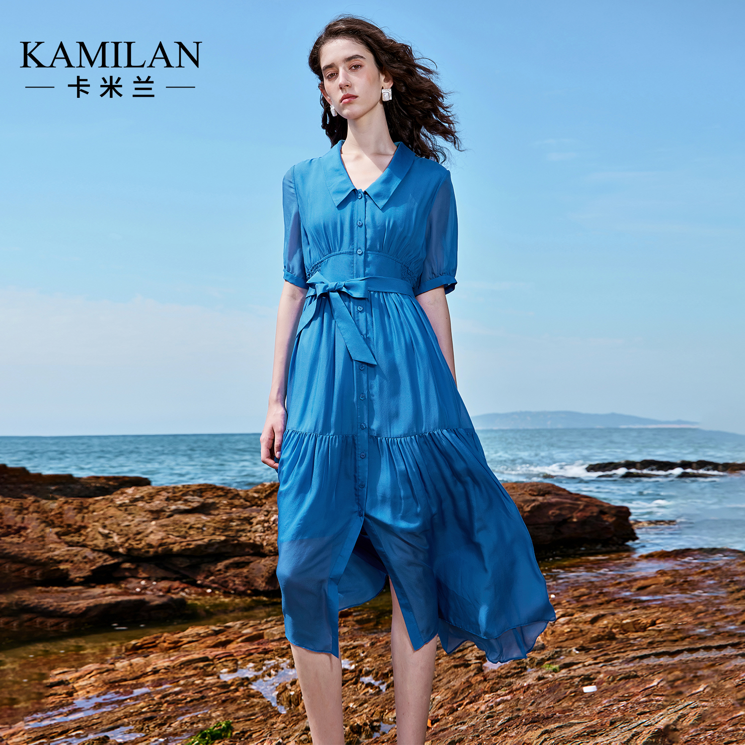 [100桑蚕丝]卡米兰真丝海边连衣裙女2025夏新款独特漂亮掐腰裙子