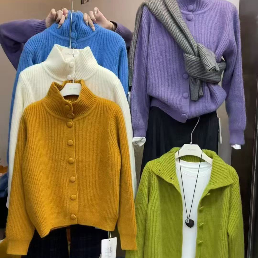 秋冬季立领针织开衫女宽松百搭休闲显瘦软糯保暖长袖上衣