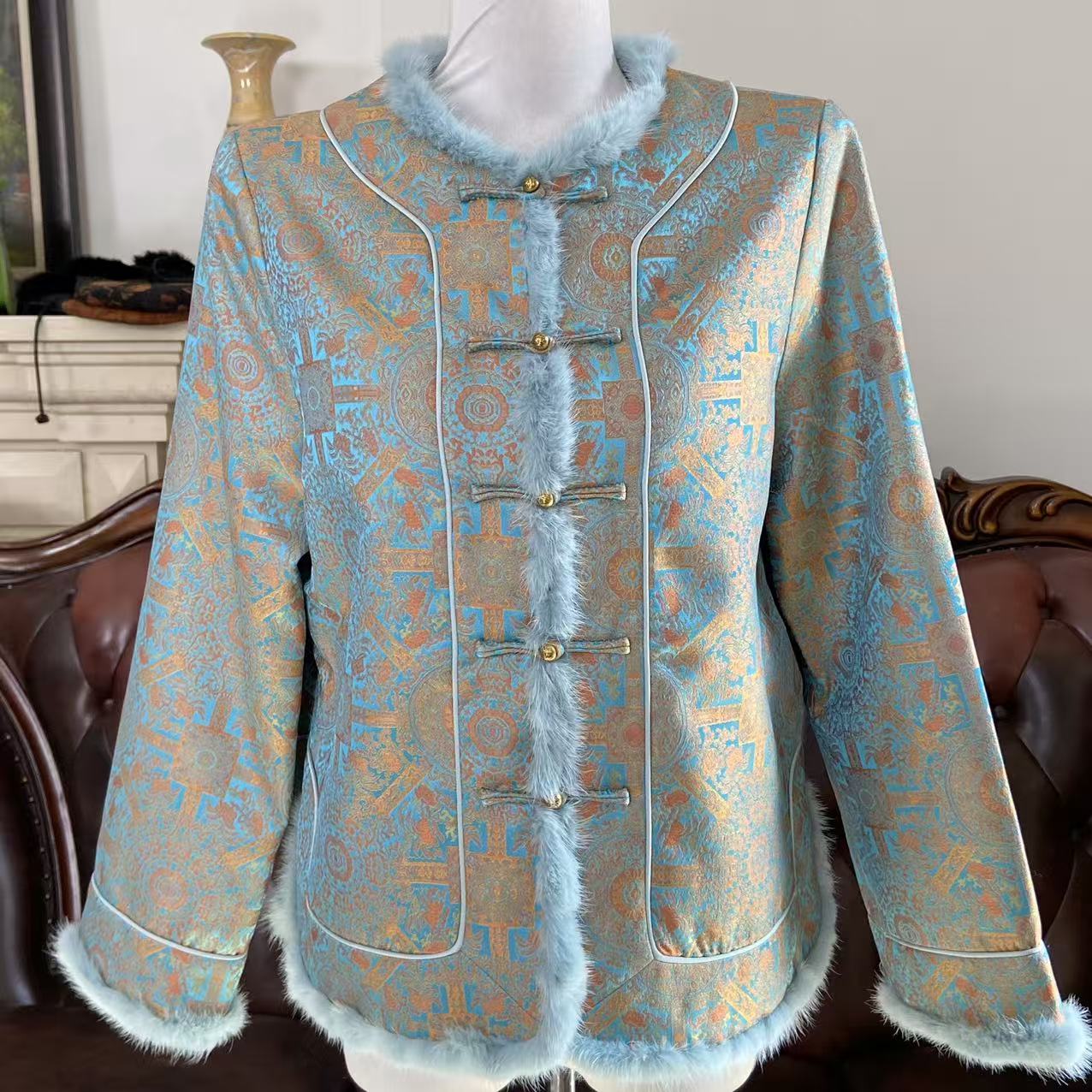 新中式桑蚕丝羊毛棉加厚上衣外套湖蓝6554SW2261-345698