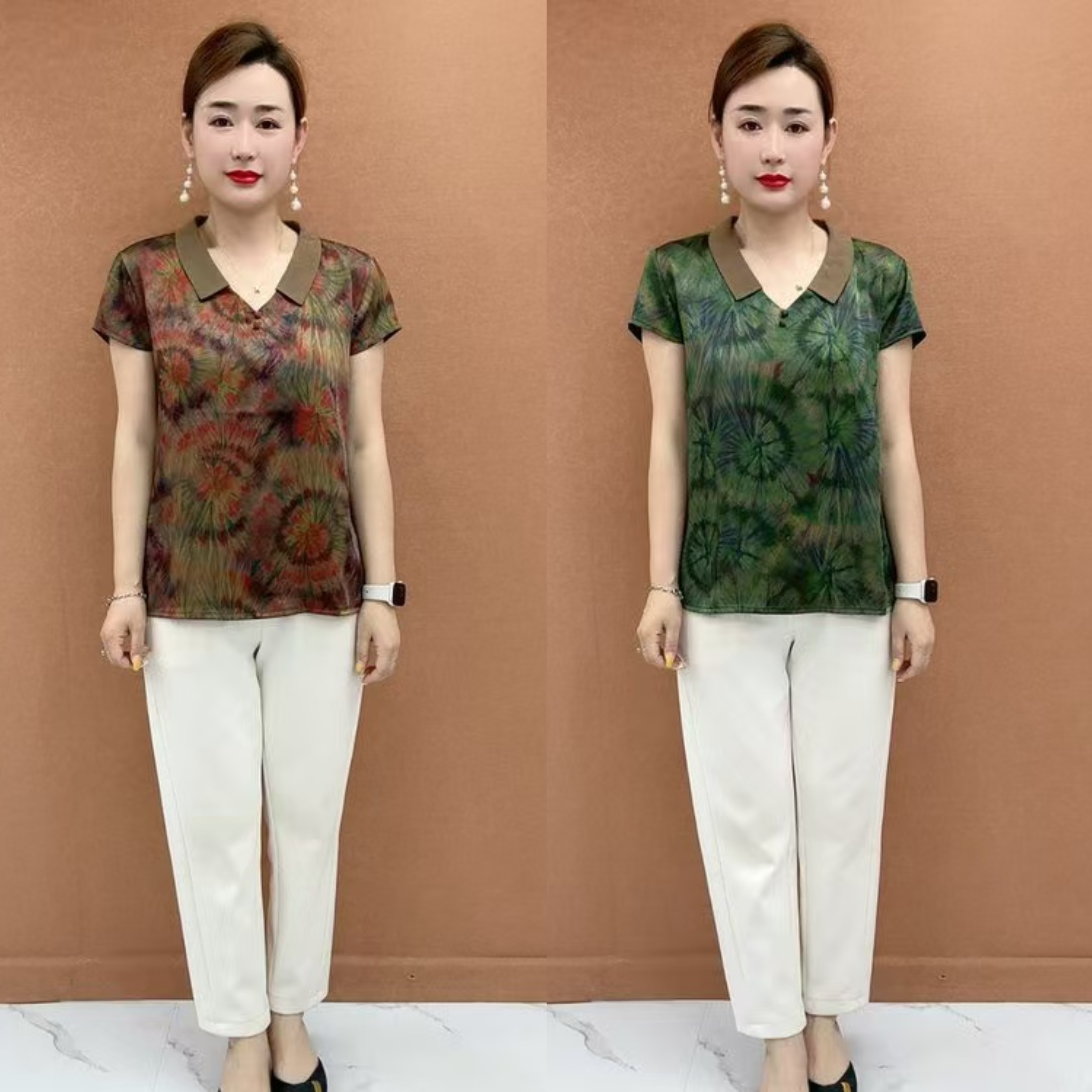 2025夏季新款时尚翻领印花短袖T恤宽松遮肚显瘦中老年气质妈妈装