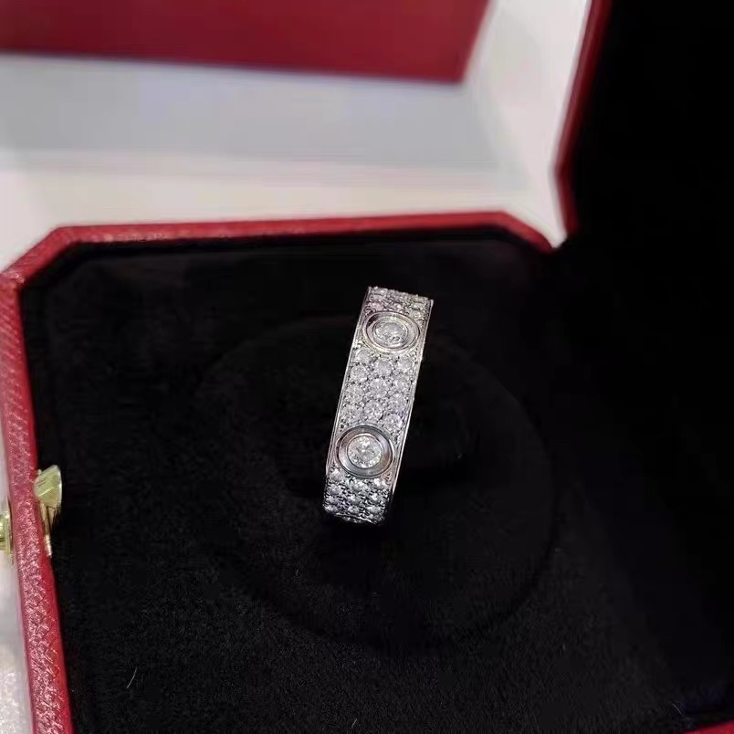 99新 Cartier/卡地亚 小花6欢 love 宽版 白金爆钻戒指 54号