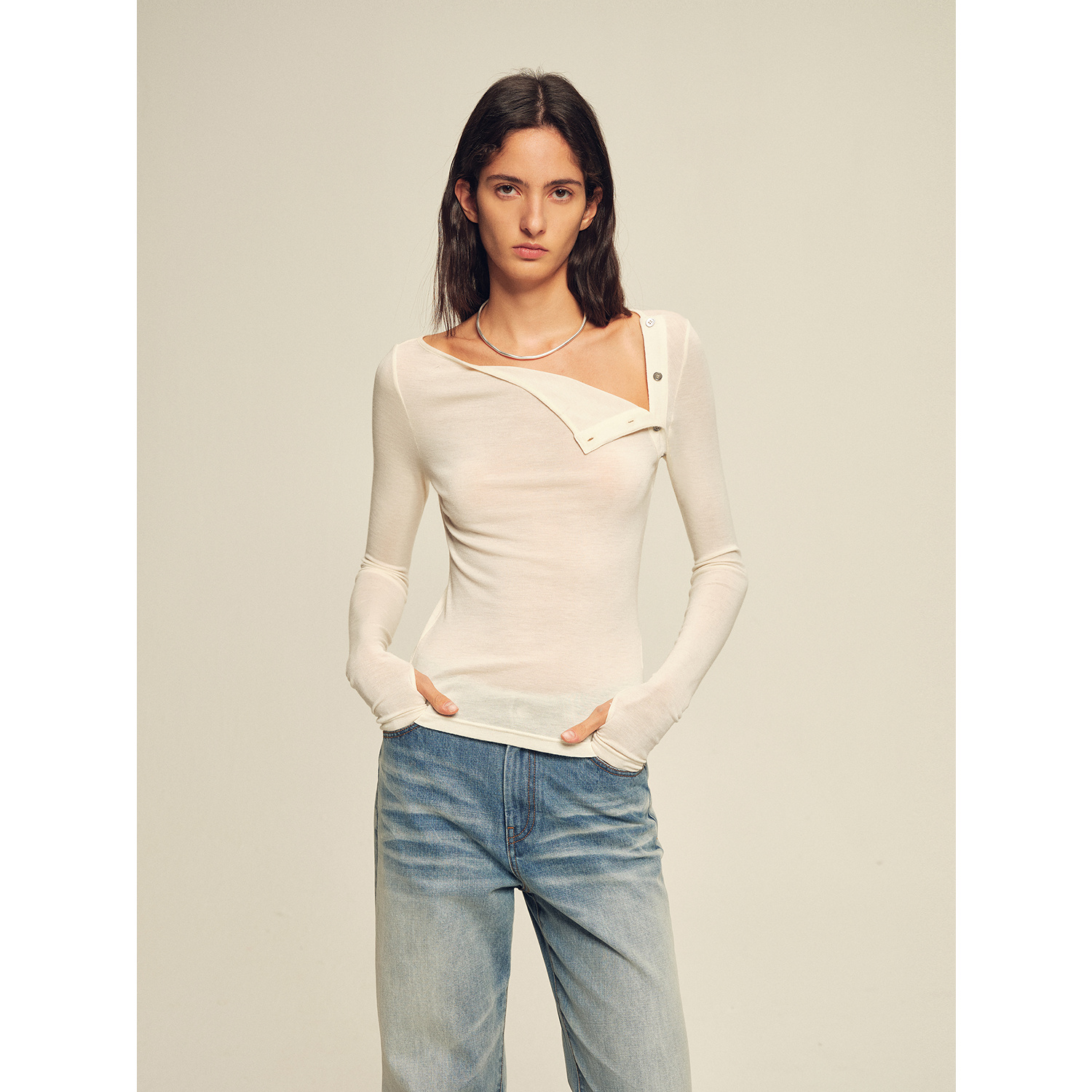 付智恩 肉桂漫想 莱赛尔绵羊毛混纺极简纯色长袖紧身上衣打底衫女