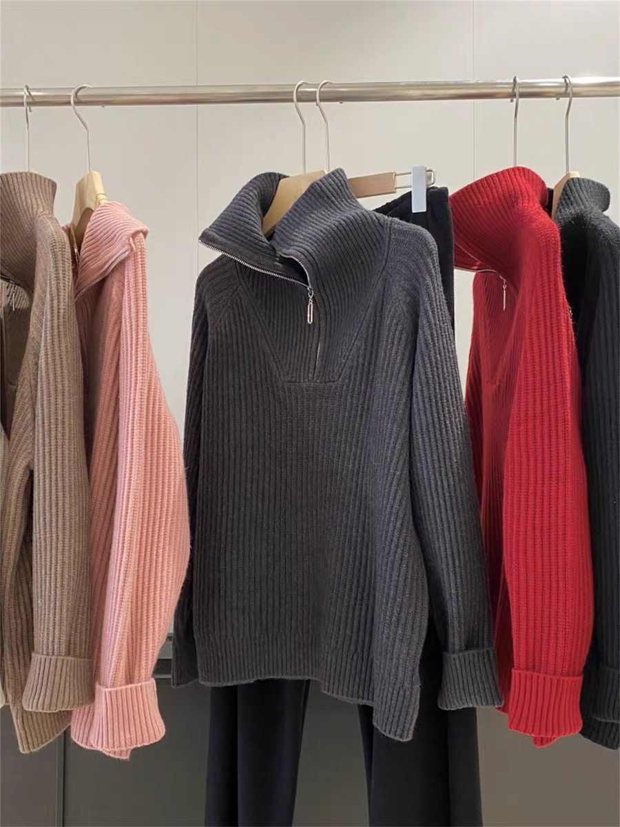 【百万清仓】外单！半拉链设计大翻领软糯针织毛衣~A10124