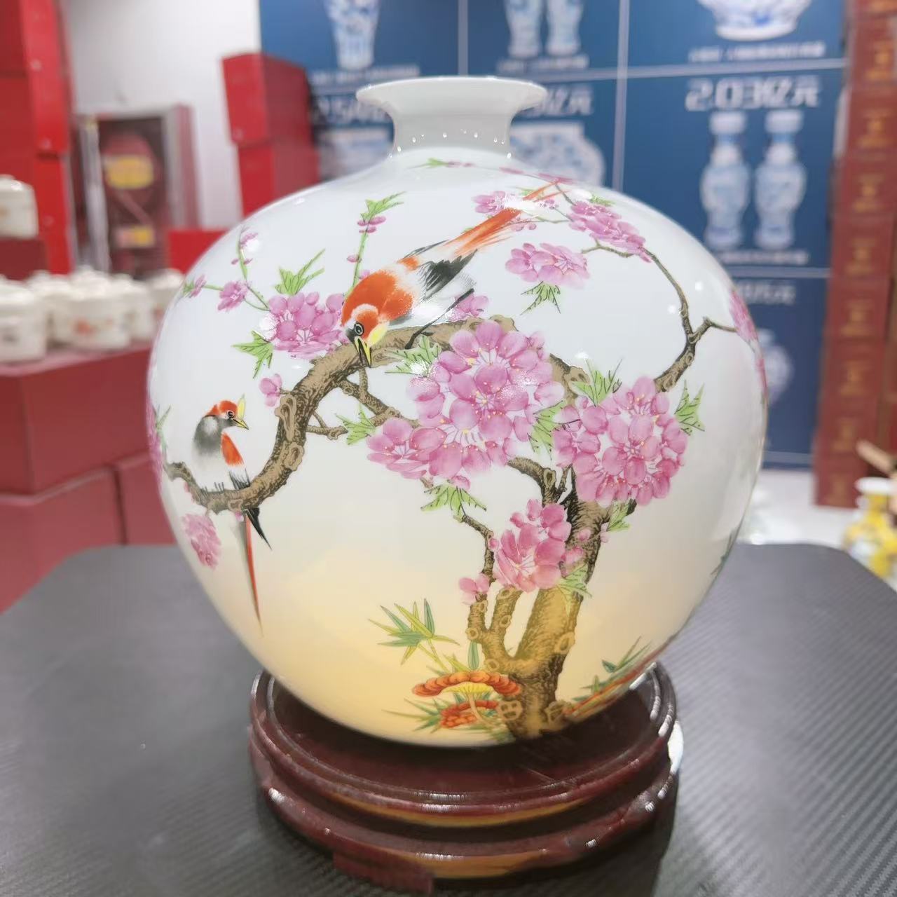 【袁氏瓷业】景德镇陶瓷水点桃花球瓶+底座Y