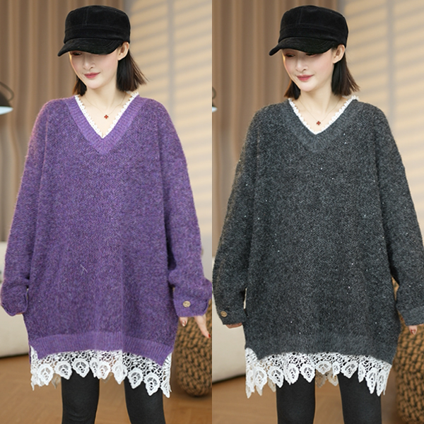 秋冬新款欧货韩系V领花边重工亮片针织毛衣百搭宽松遮肉显瘦上衣