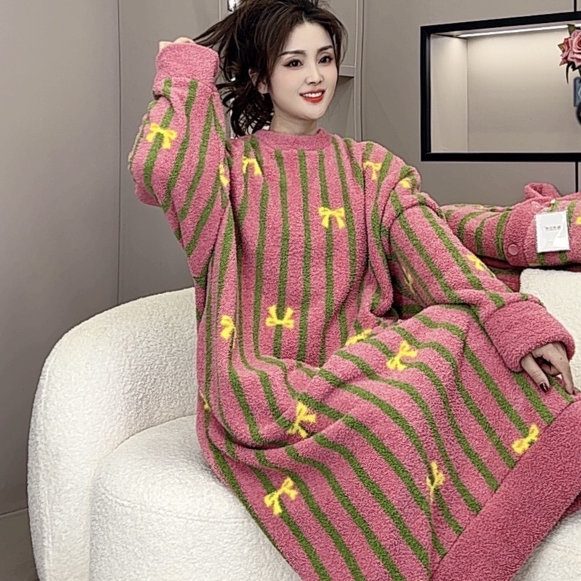 2024秋冬季新款半边绒睡裙加绒保暖家居服