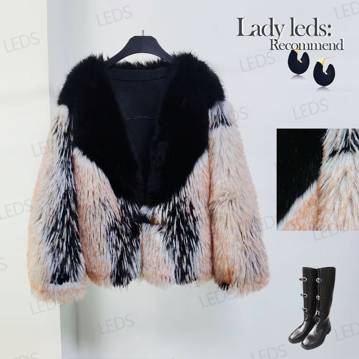 人造皮草 LEDS 9339【奢华撞色大毛领】冬季新款拼色金属扣收腰显