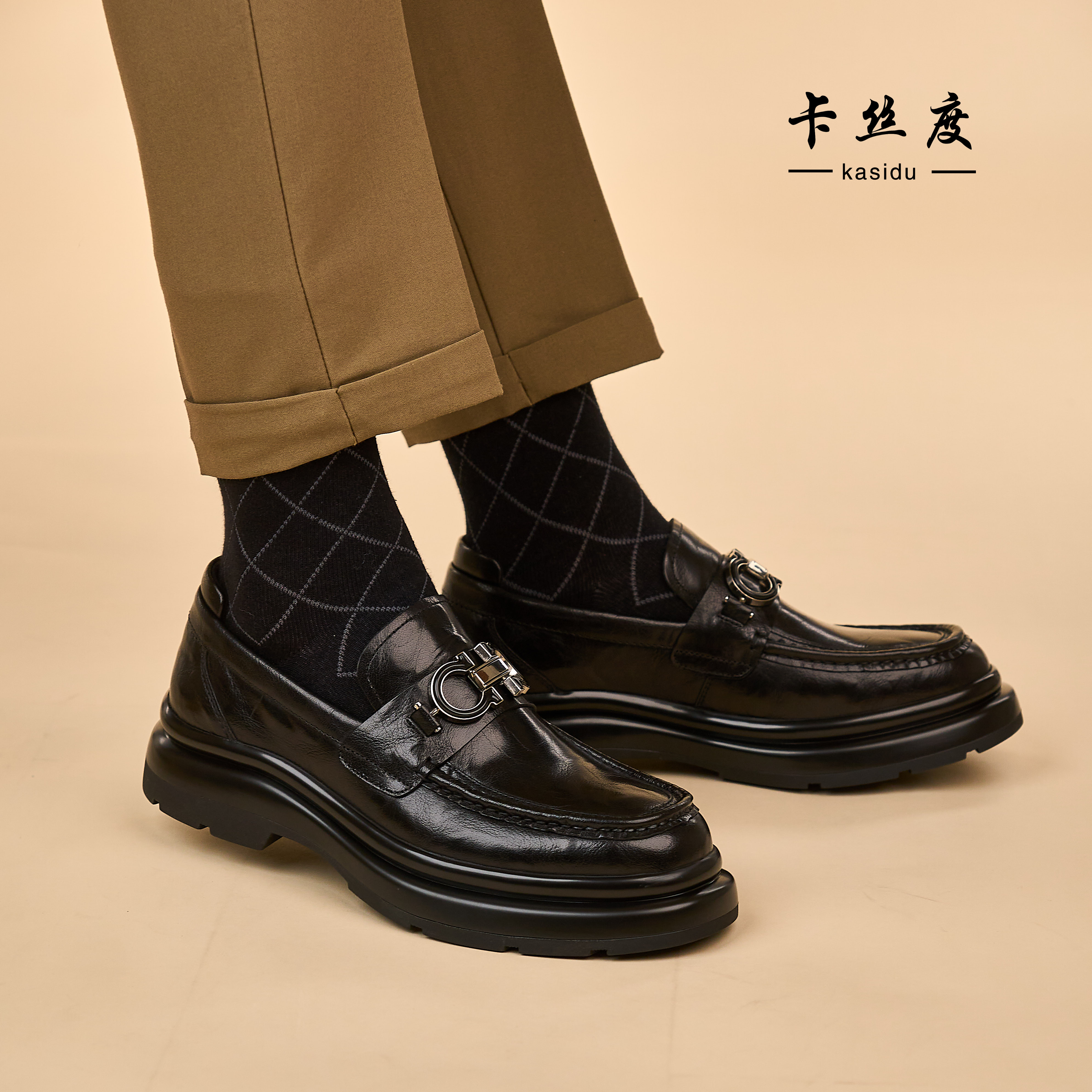 春季新款男士手抓纹时尚百搭厚底增高休闲皮鞋软底真皮乐福鞋 