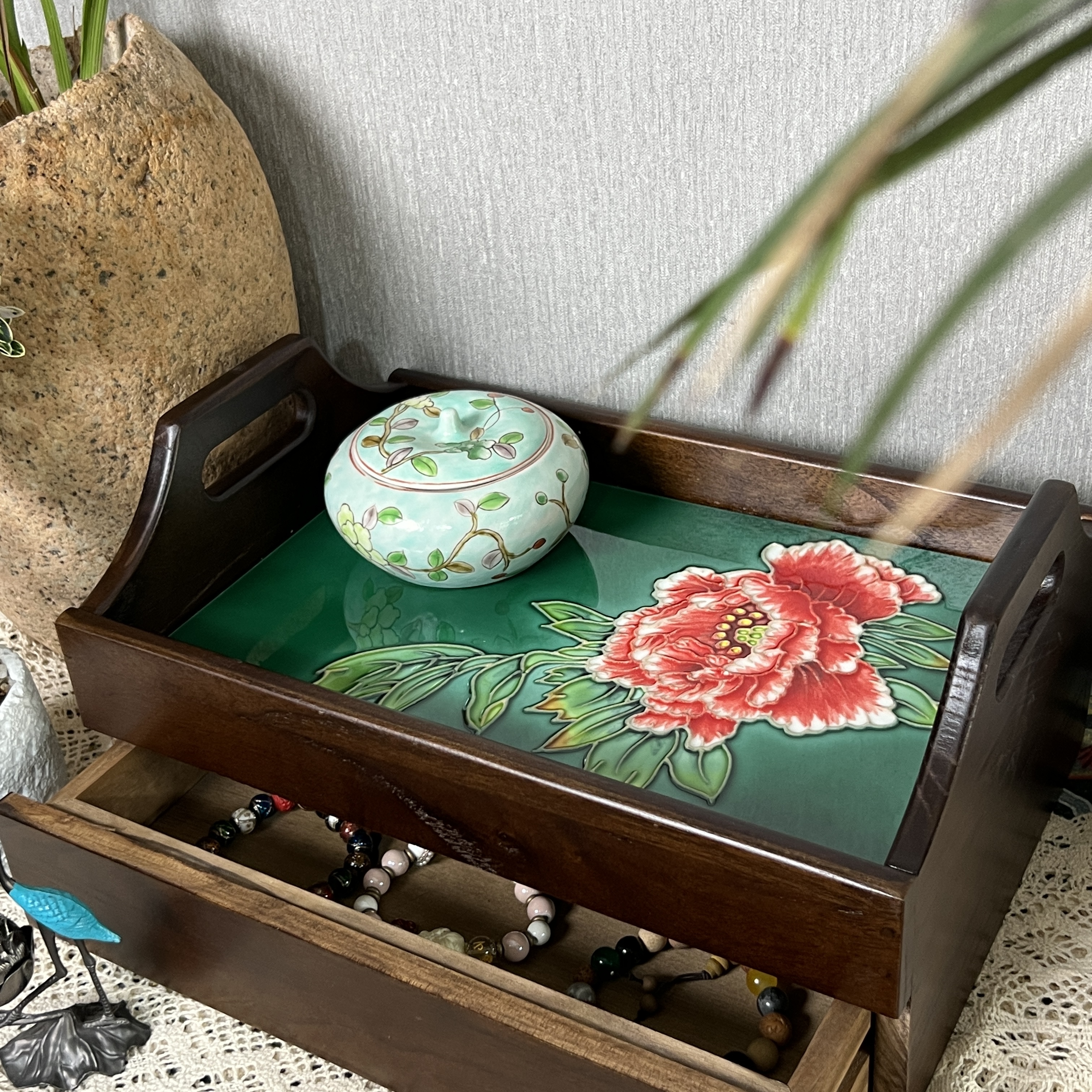 【粤薇】双耳抽屉茶盘收纳手工家用茶室高档家居摆件手绘复古陶瓷