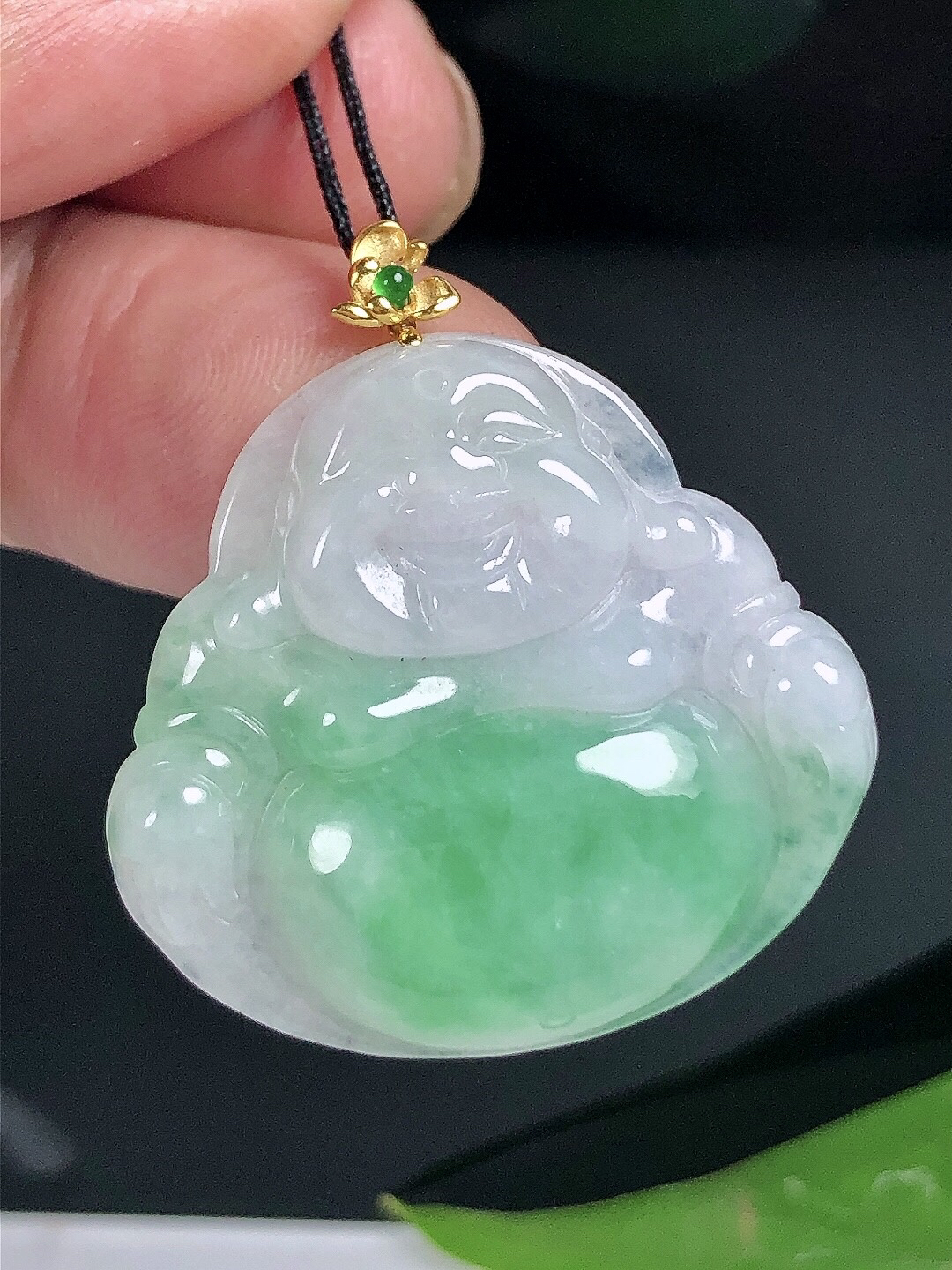 缅甸天然翡翠A货，18K金扣镶嵌冰润飘正阳绿佛公吊坠保真翡翠佛公