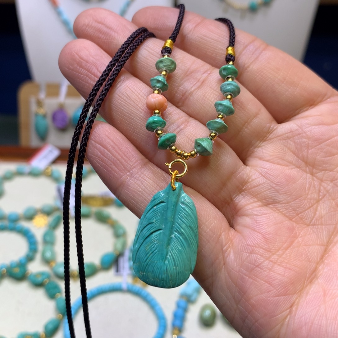 绿松石银S925镀金镶嵌项链