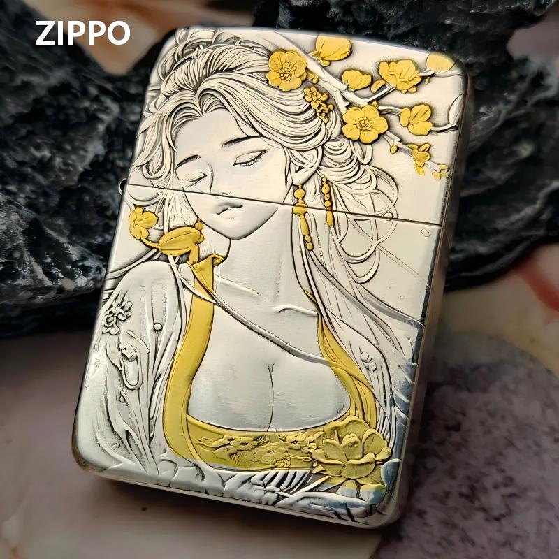 Zippo打火机1941复刻鎏金浮雕桃花女正版 防风煤油送男朋友DYJ1