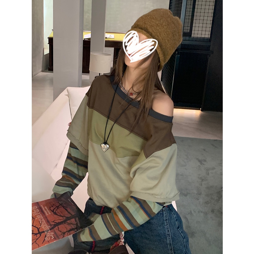 复古撞色长袖T恤女秋季新款韩版条纹拼接设计感宽松显瘦露肩上衣