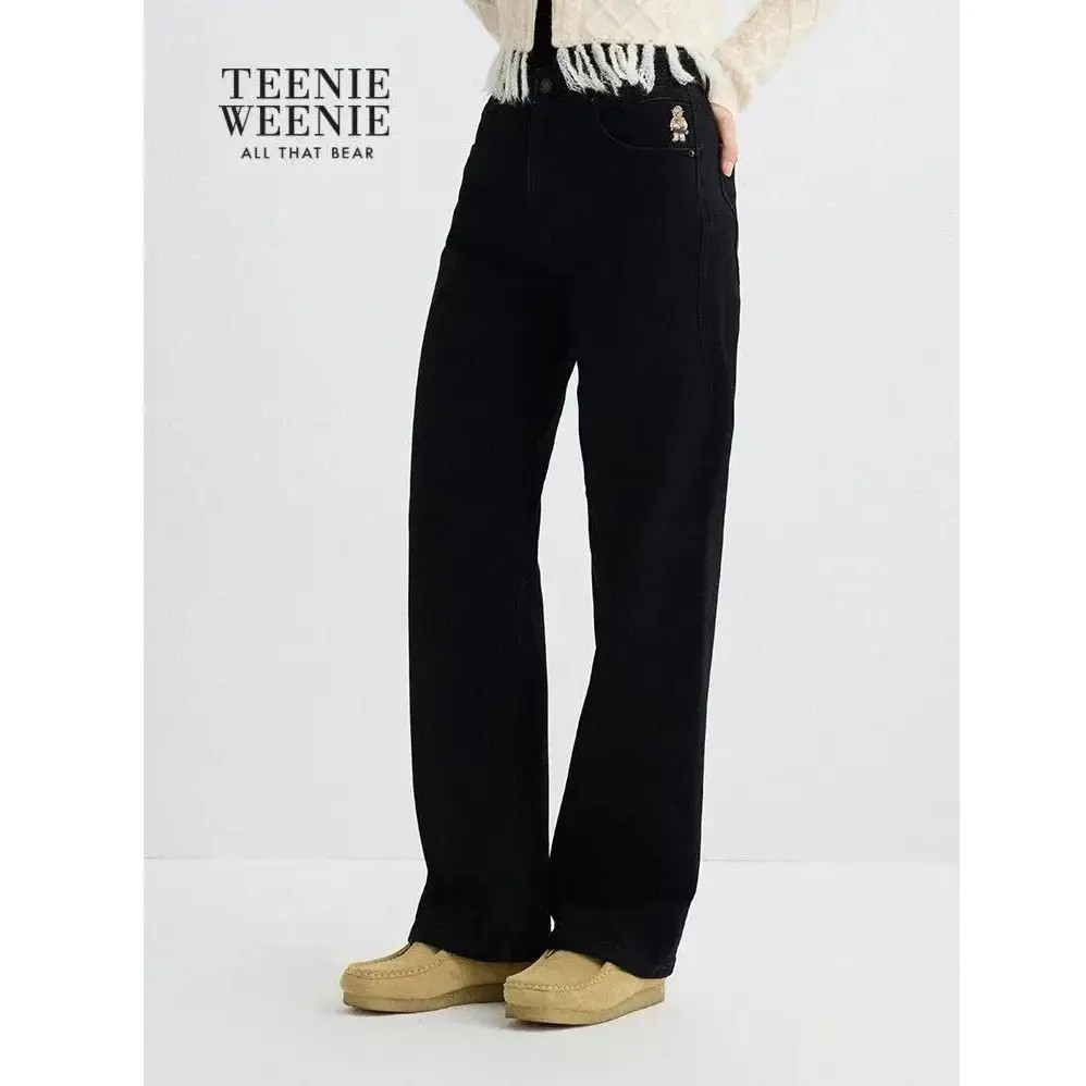 Teenie Weenie小熊女装2025秋冬新款黑色加绒牛仔裤TTTJ254VC1K