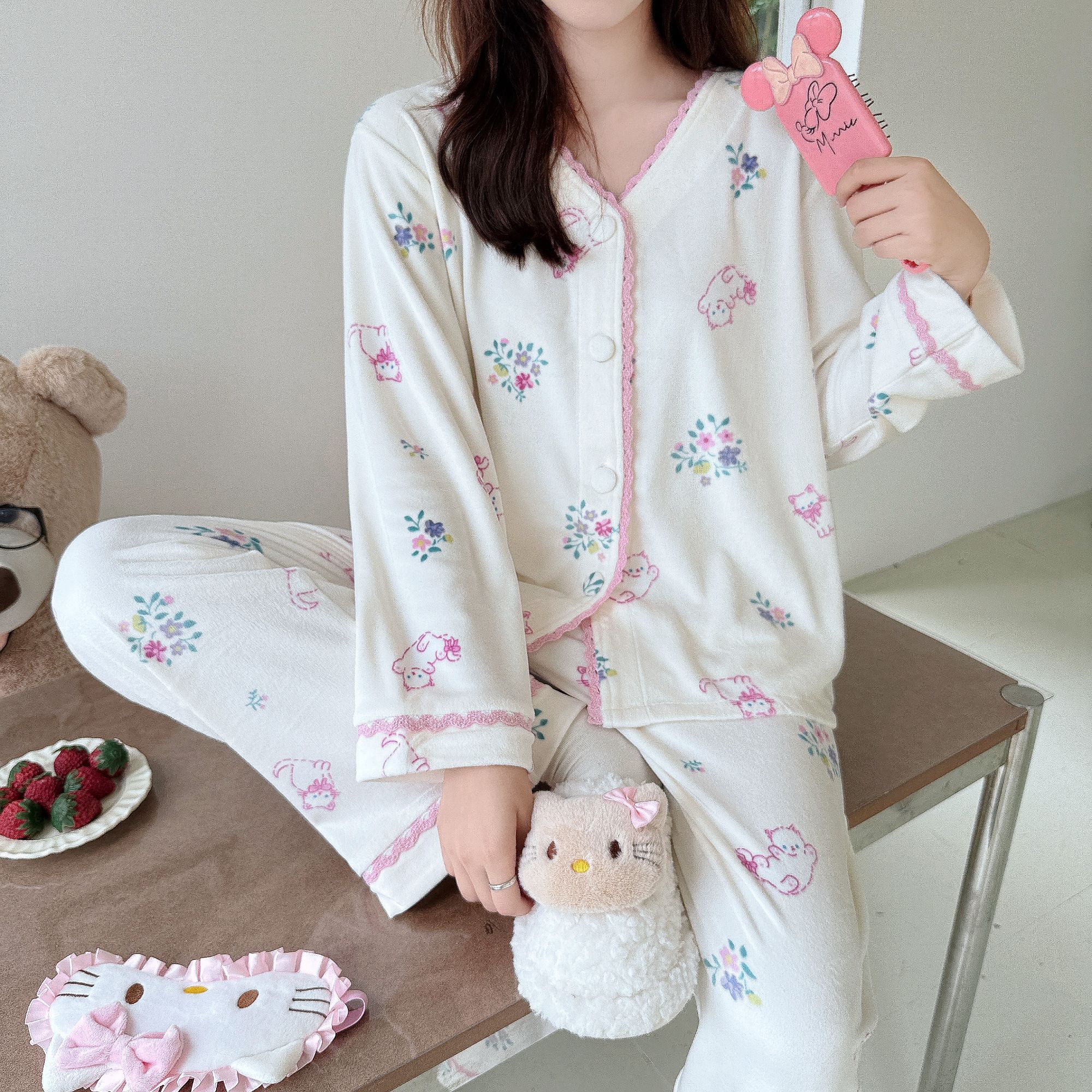  新【花边-猫咪花朵】25年超柔新款套装网红睡衣简约韩版秋冬长袖季