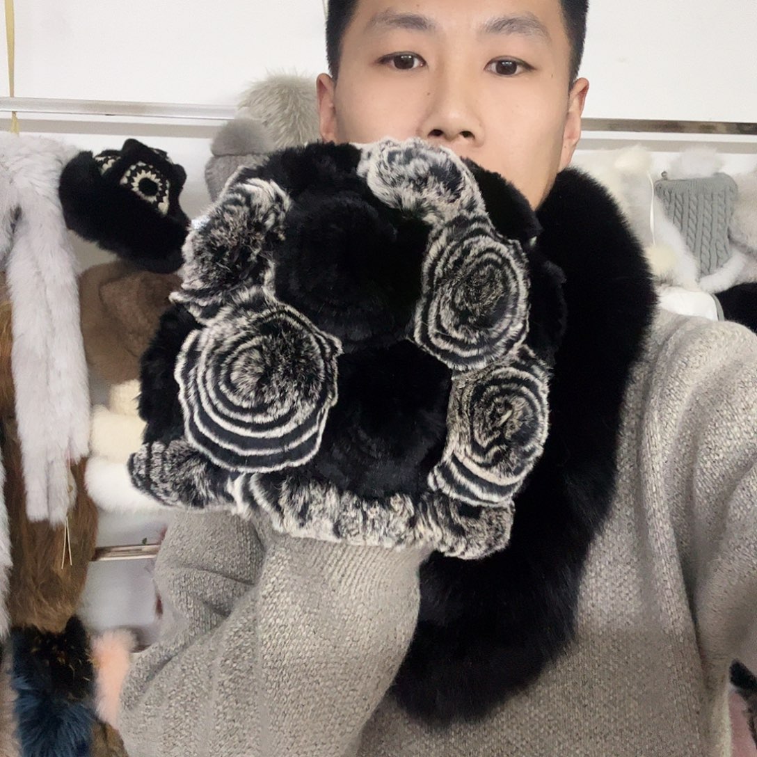 纯棉黑灰双色玫瑰花帽子