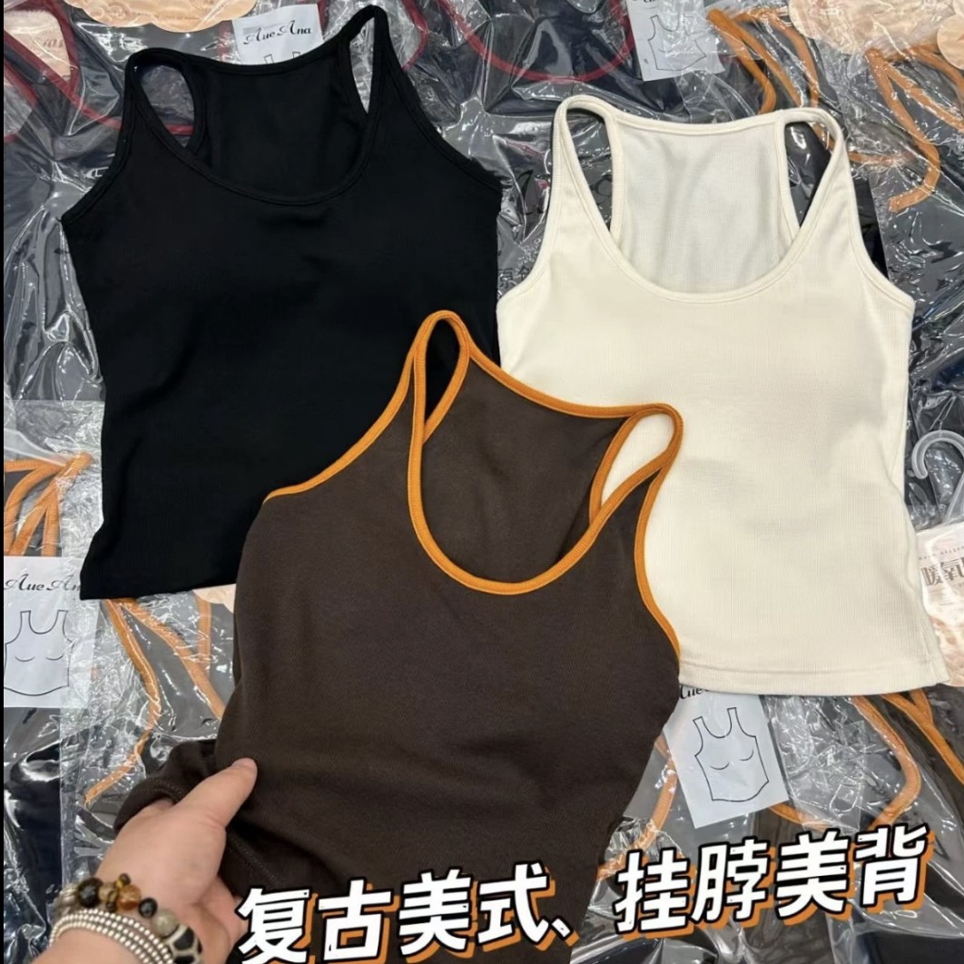 新款V领撞色挂脖工字型美背吊带上衣女无袖背心外穿显瘦百搭打底