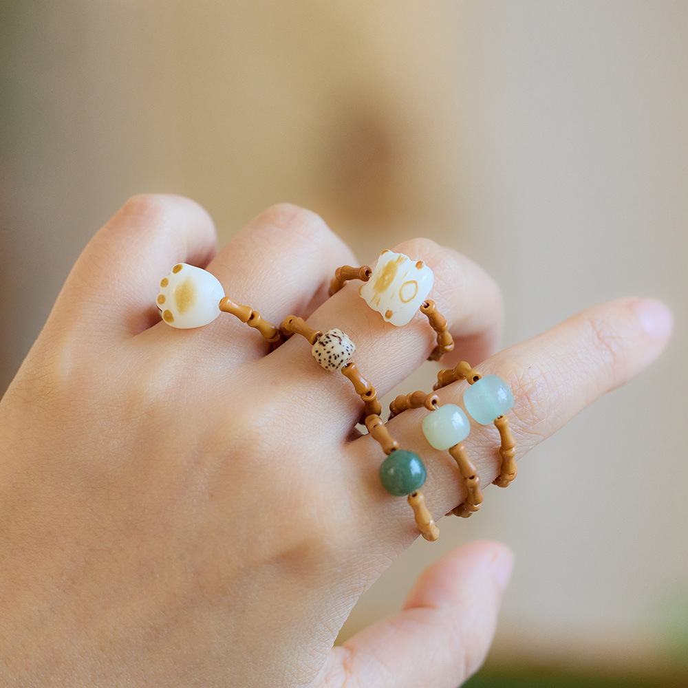 新中式天然和田玉戒指橄榄核竹节指环国风配饰百搭简约