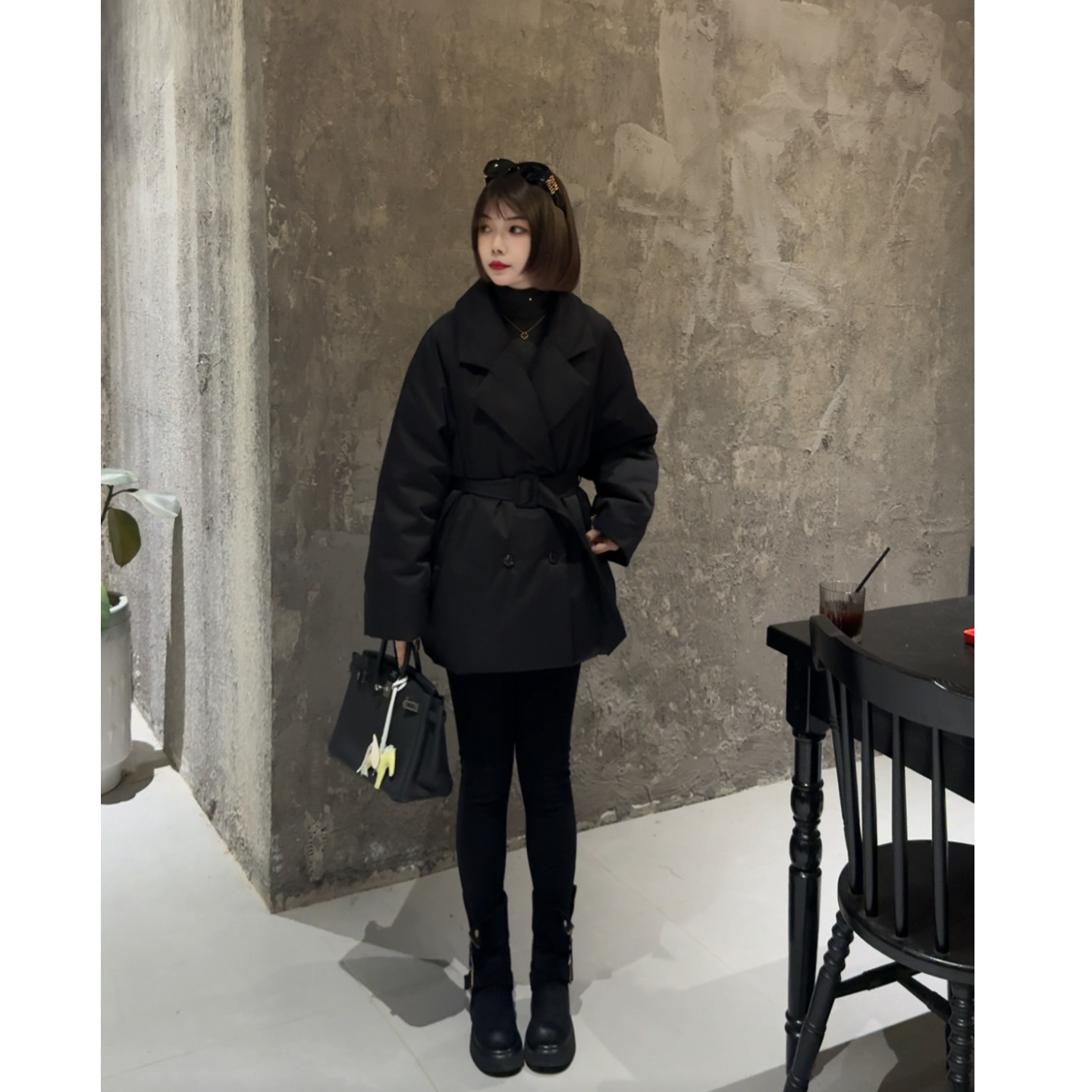 MY【首尔周末】新国标90白鸭绒冬季新款时尚双排扣收腰西装领羽绒服